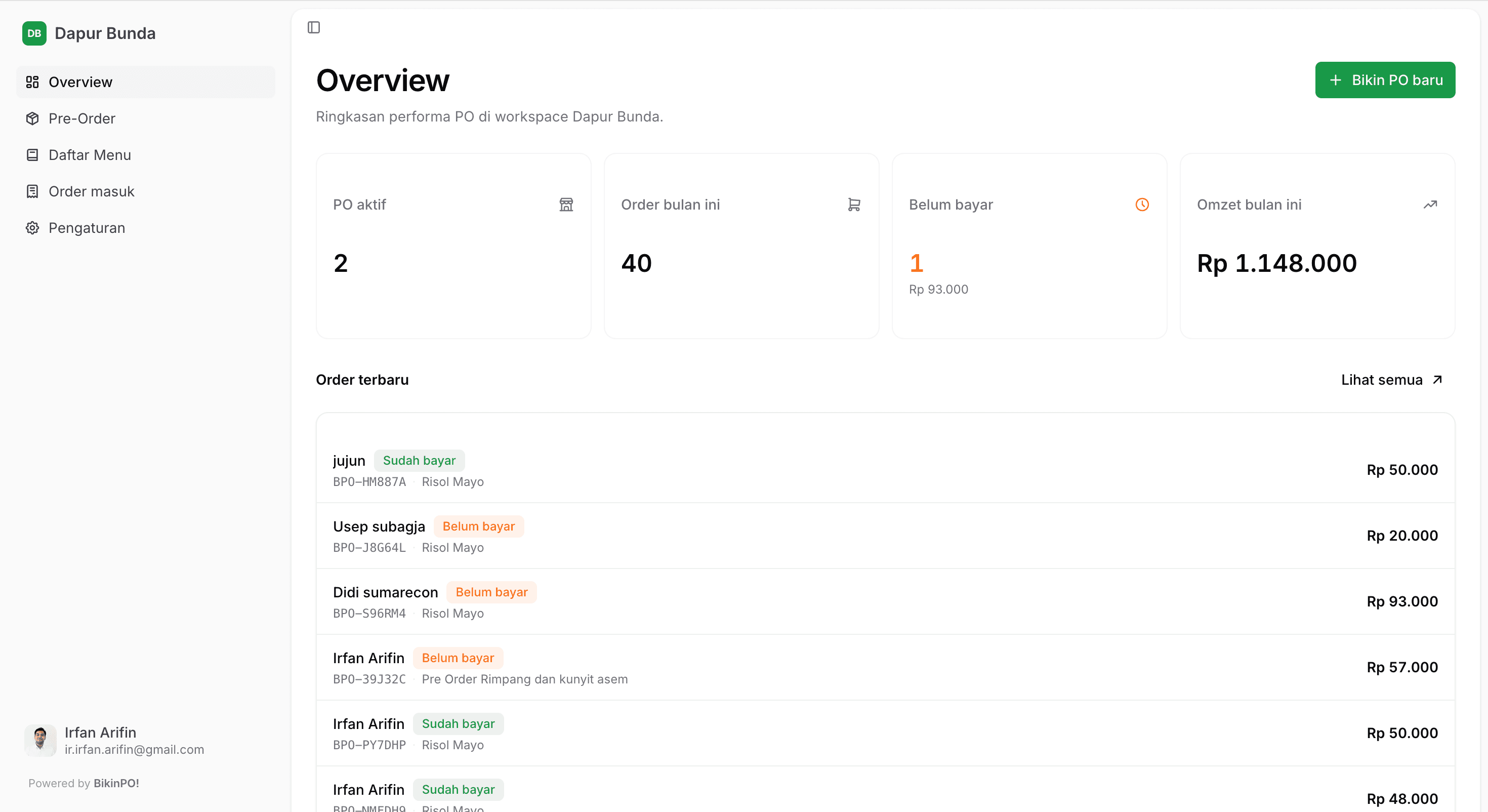 Dashboard seller BikinPO dengan data order nyata